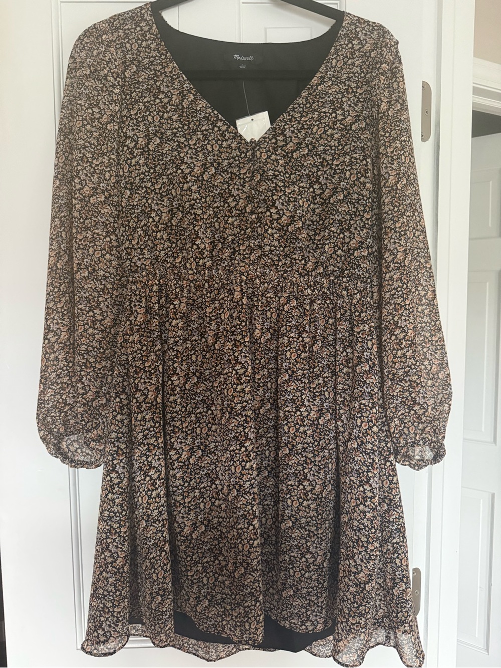 NWT Madewell Black Floral V-Neck Smocked Mini Dress Size S